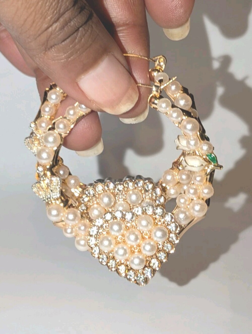Hand Crafted Gold-Tone Pearl & Crystal Heart Hoop Earrings From Our S3CHIQUE
